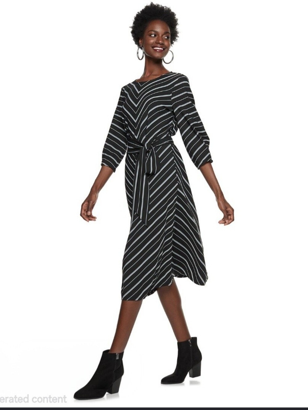 Womens Nine West Dress Small Black Striped 3/4 Sleeve Tie Waist A-Line Midi